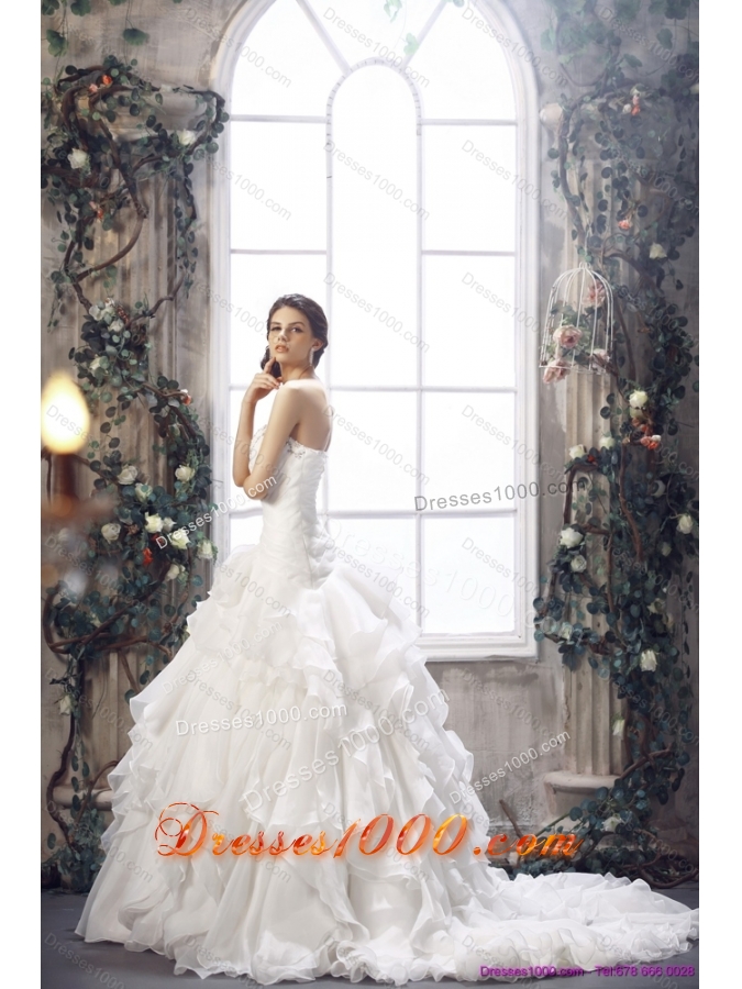 2015 White Strapless Ruffled Wedding Dresses with Chapel Train and Beading
