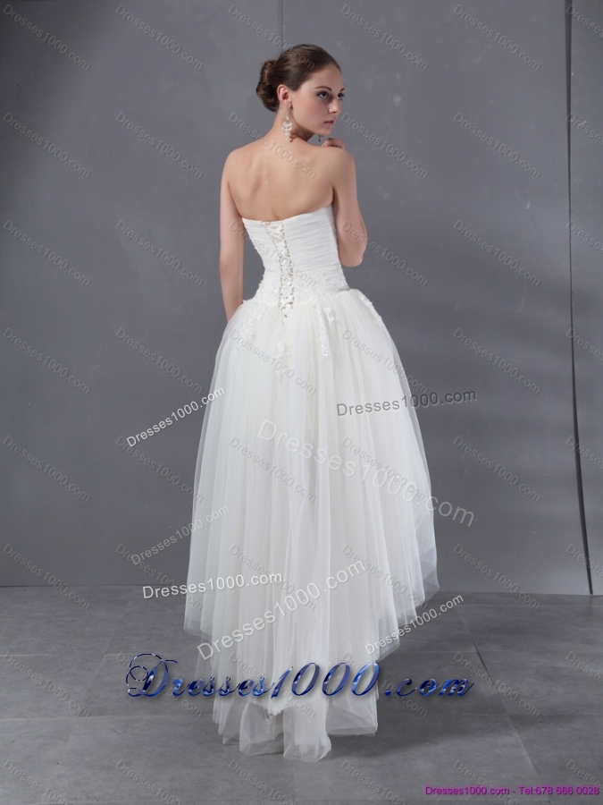 High Low 2015 White Sweetheart Wedding Dresses with Ruching and Appliques