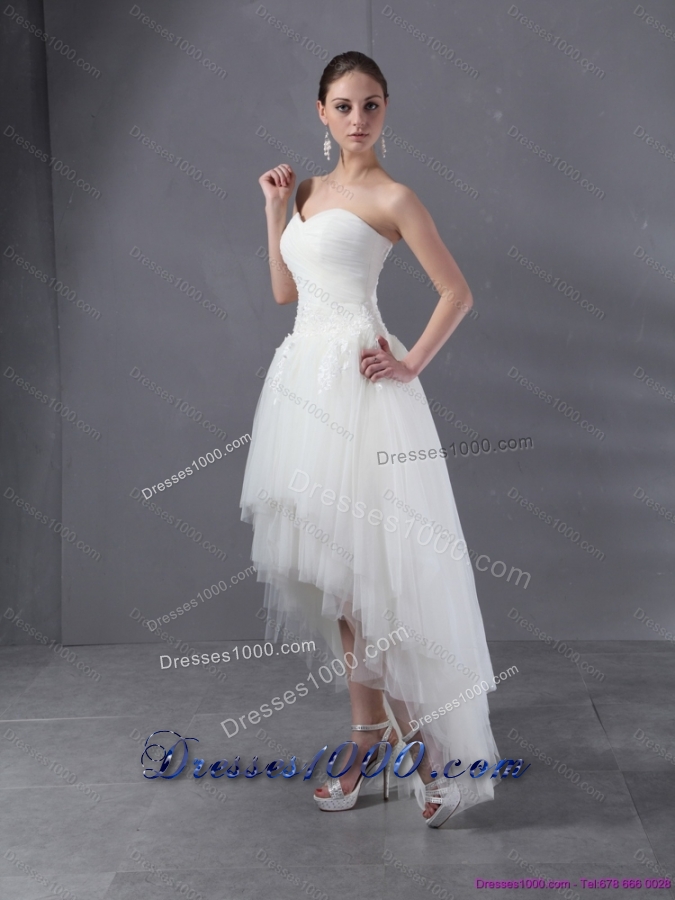 High Low 2015 White Sweetheart Wedding Dresses with Ruching and Appliques
