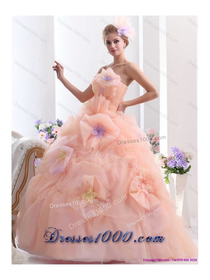 Multi Color 2015 Strapless Wedding Dresses with Hand Made Flower