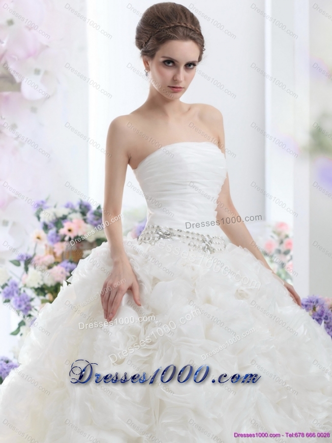 Popular 2015 White Strapless Wedding Dresses with Rolling Flowers and Chapel Train