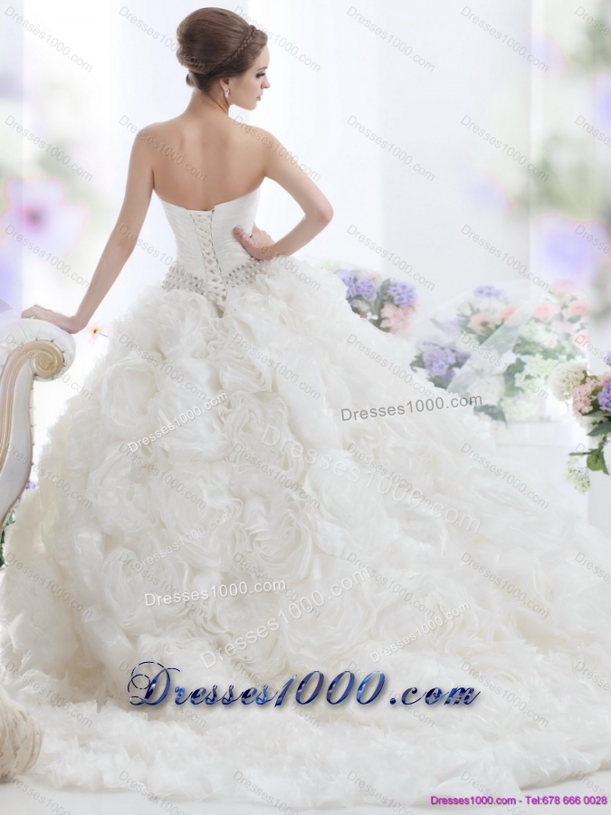 Popular 2015 White Strapless Wedding Dresses with Rolling Flowers and Chapel Train