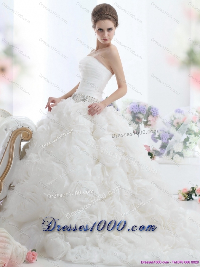 Popular 2015 White Strapless Wedding Dresses with Rolling Flowers and Chapel Train