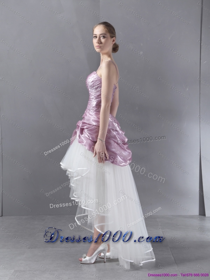 Ruching 2015 High Low Beaded Wedding Gowns in White and Lilac