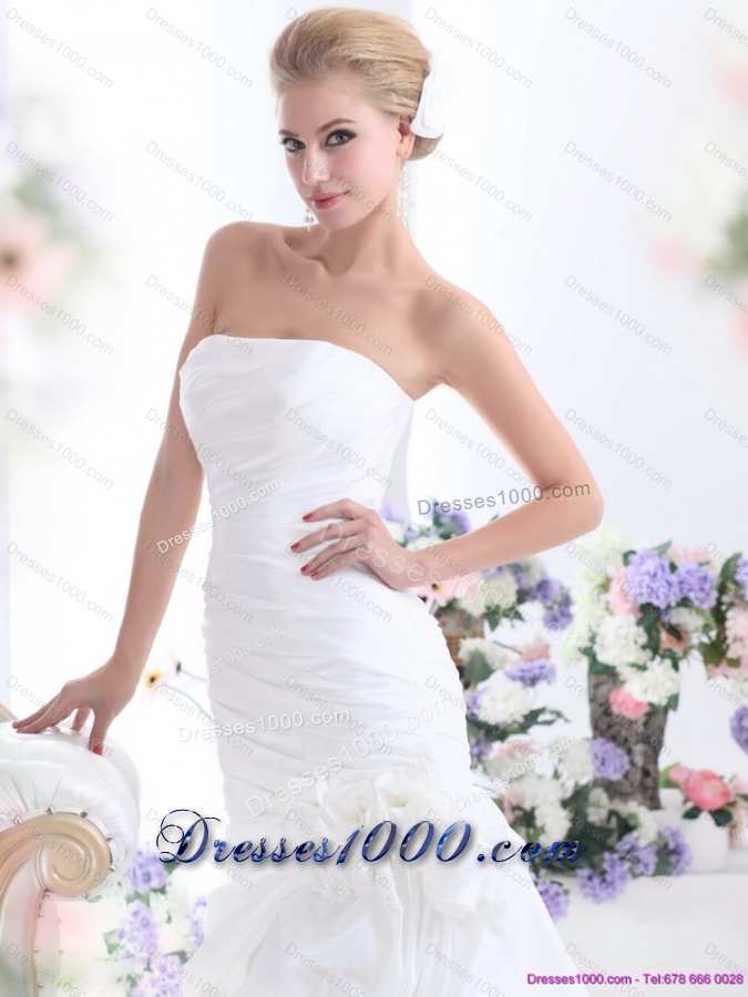 Ruffles Strapless White Bridal Gowns with Hand Made Flower for 2015