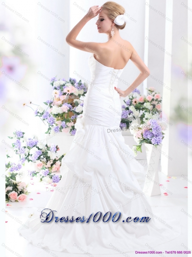 Ruffles Strapless White Bridal Gowns with Hand Made Flower for 2015