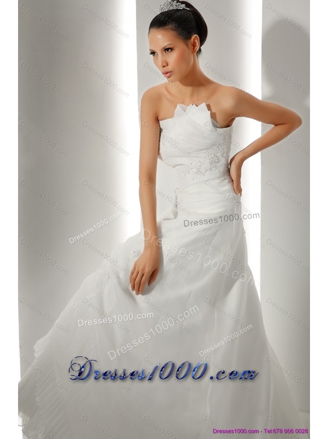 Unique Brush Train Ruching White Wedding Dresses with Appliques for 2015