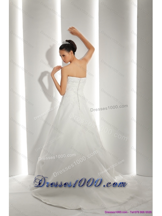 Unique Brush Train Ruching White Wedding Dresses with Appliques for 2015