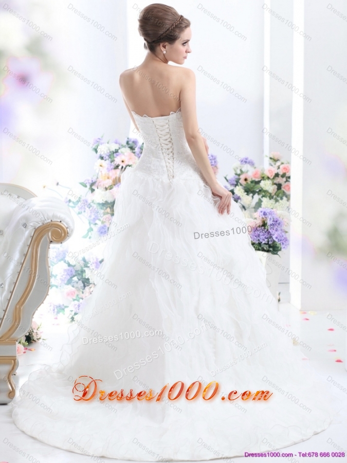 White 2015 Brush Train Wedding Dresses with Ruffled Layers and Sequins