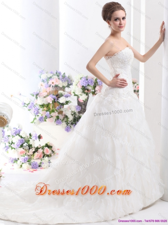 White 2015 Brush Train Wedding Dresses with Ruffled Layers and Sequins