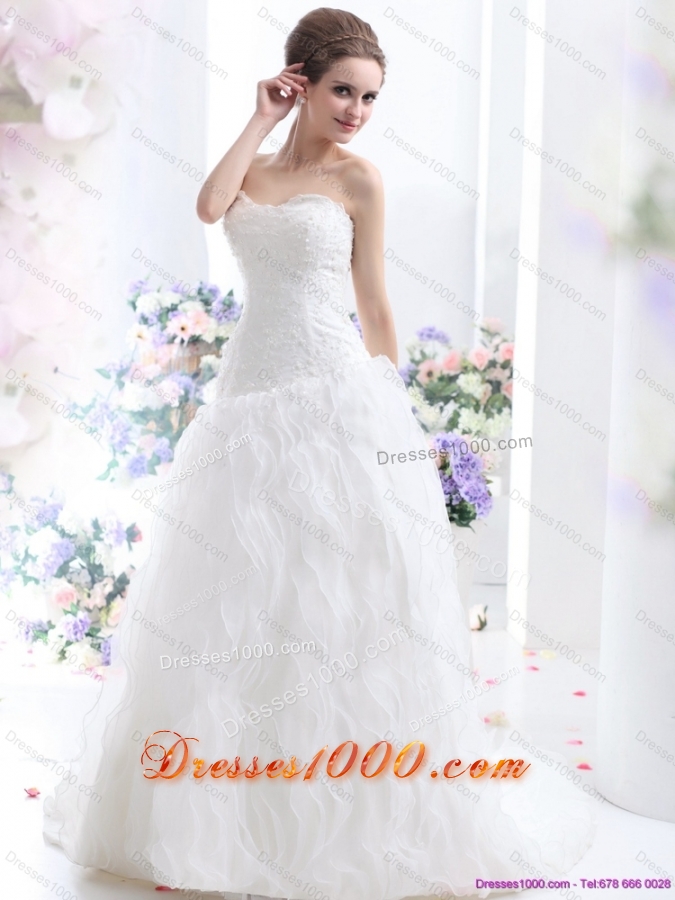 White 2015 Brush Train Wedding Dresses with Ruffled Layers and Sequins