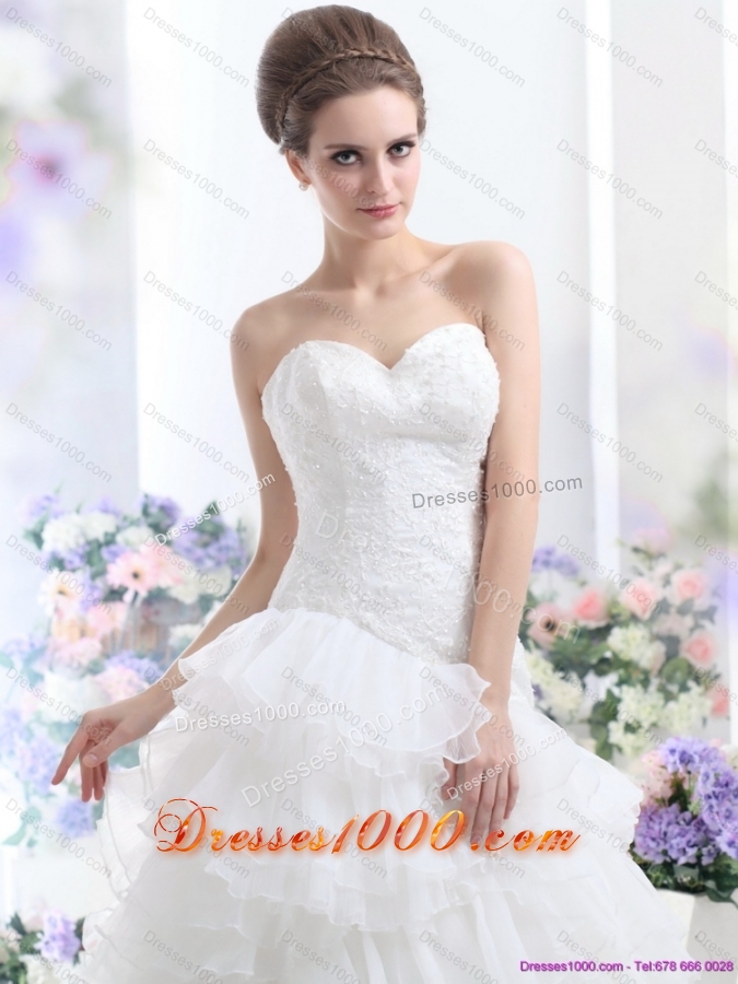 White 2015 Brush Train Wedding Dresses with Ruffled Layers and Sequins