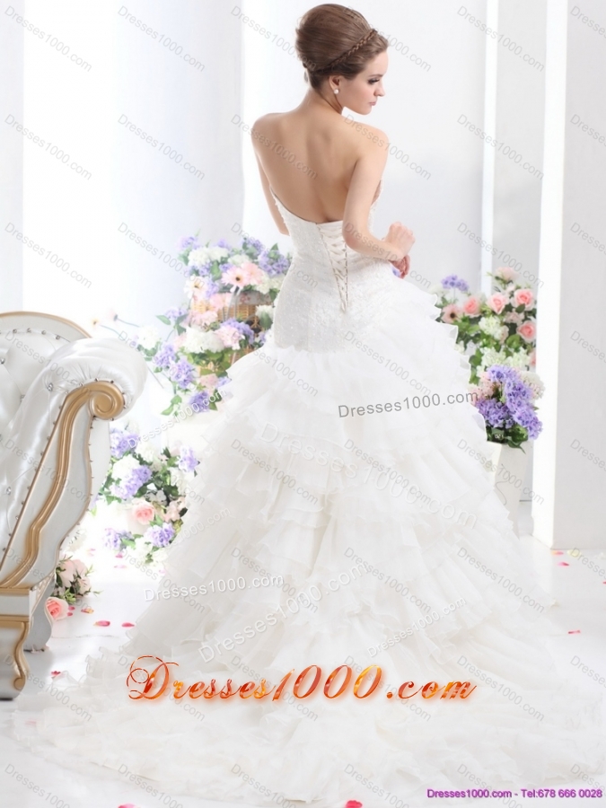 White 2015 Brush Train Wedding Dresses with Ruffled Layers and Sequins