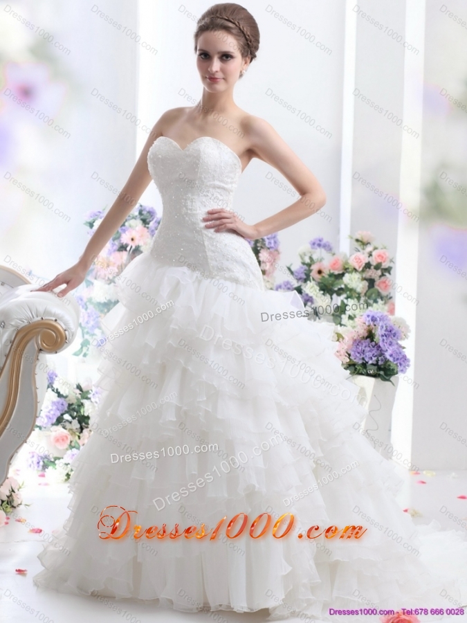 White 2015 Brush Train Wedding Dresses with Ruffled Layers and Sequins