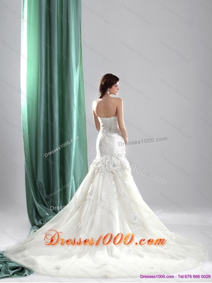 White 2015 Chapel Train Strapless Wedding Dresses with Ruching and Hand Made Flowers