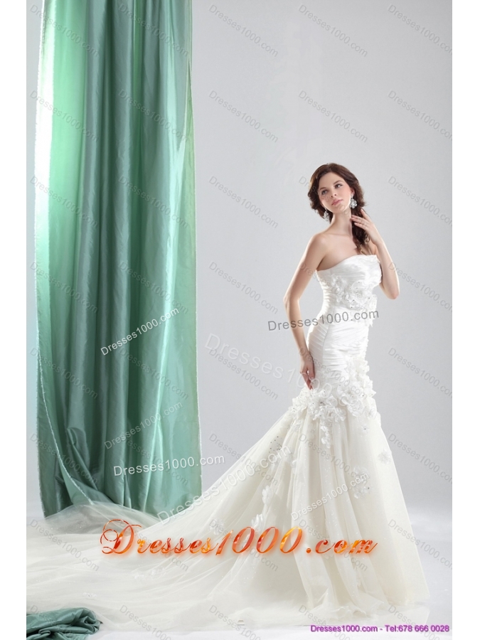 White 2015 Chapel Train Strapless Wedding Dresses with Ruching and Hand Made Flowers