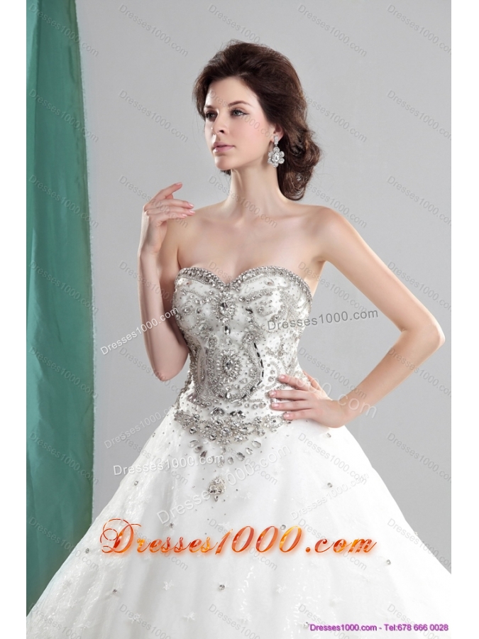 White Sweetheart Rhinestones Wedding Dresses with Chapel Train and Ruffles for 2015