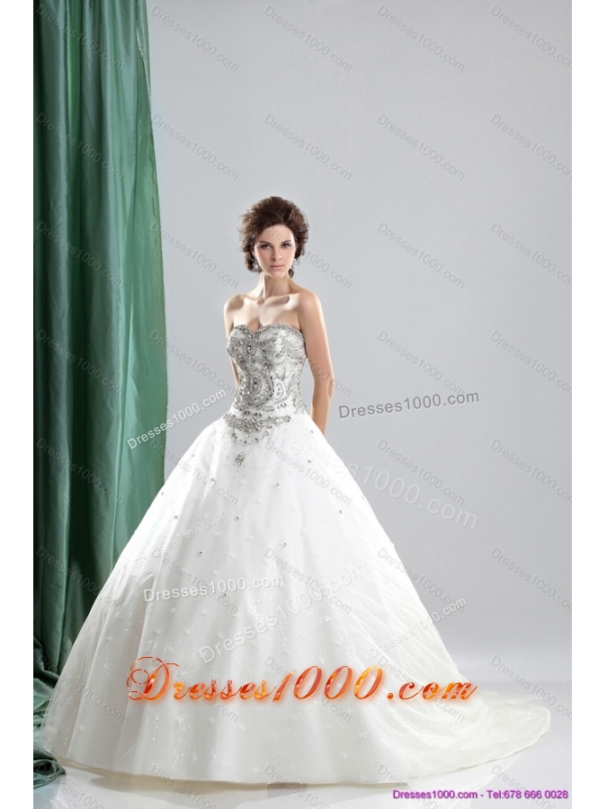 White Sweetheart Rhinestones Wedding Dresses with Chapel Train and Ruffles for 2015