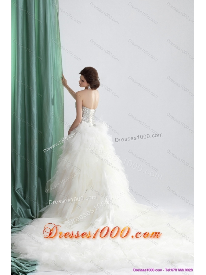 White Sweetheart Rhinestones Wedding Dresses with Chapel Train and Ruffles for 2015