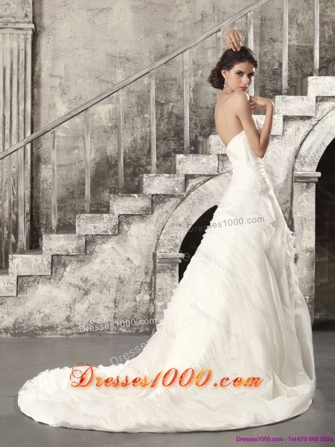White Sweetheart Ruching Wedding Dresses with Brush Train for 2015