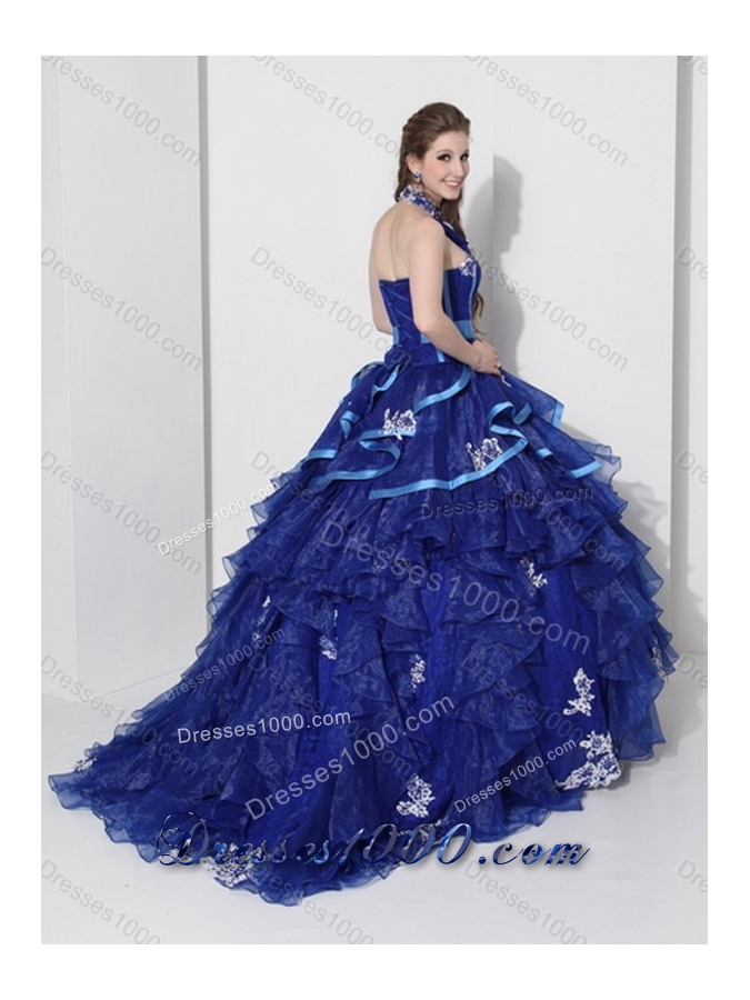 Halter Top Appliques Blue 2015 Quinceanera Dresses with Ruffles and Brush Train