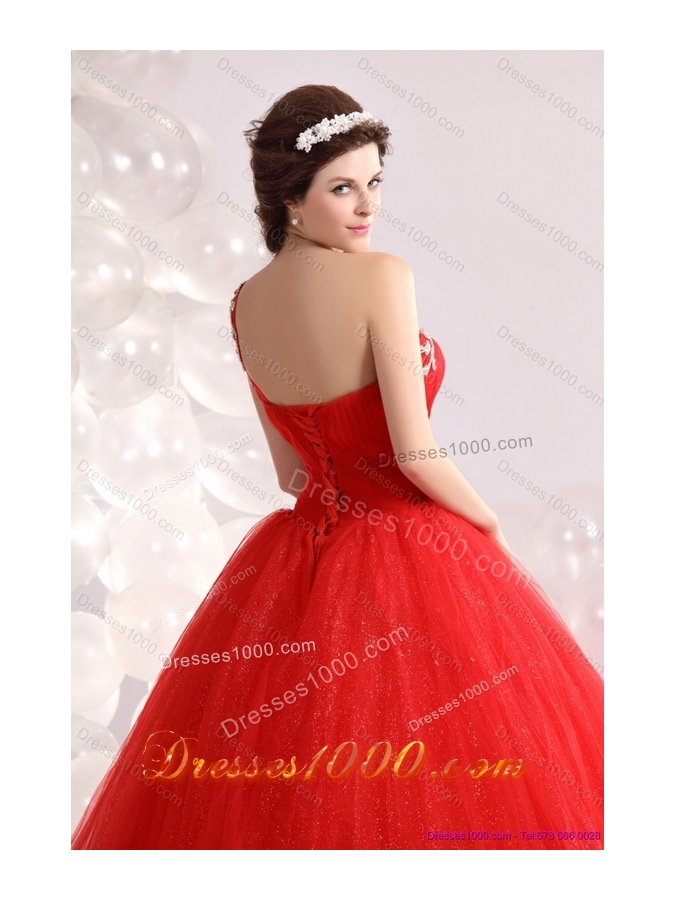 2015 Perfect Red One Shoulder Sweet 15 Dresses with Rhinestones
