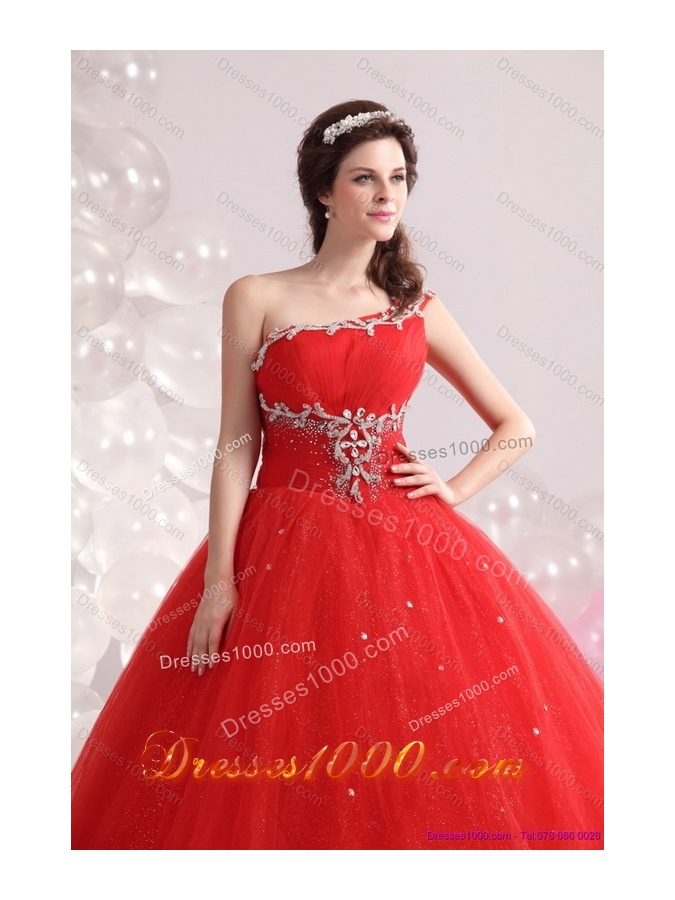 2015 Perfect Red One Shoulder Sweet 15 Dresses with Rhinestones