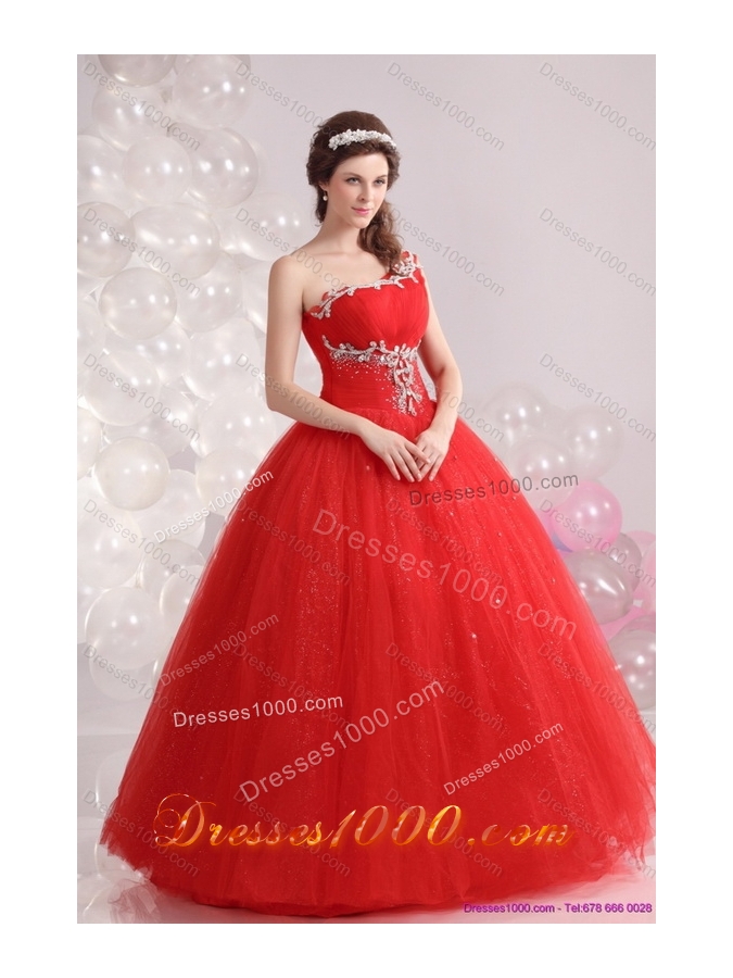 2015 Perfect Red One Shoulder Sweet 15 Dresses with Rhinestones