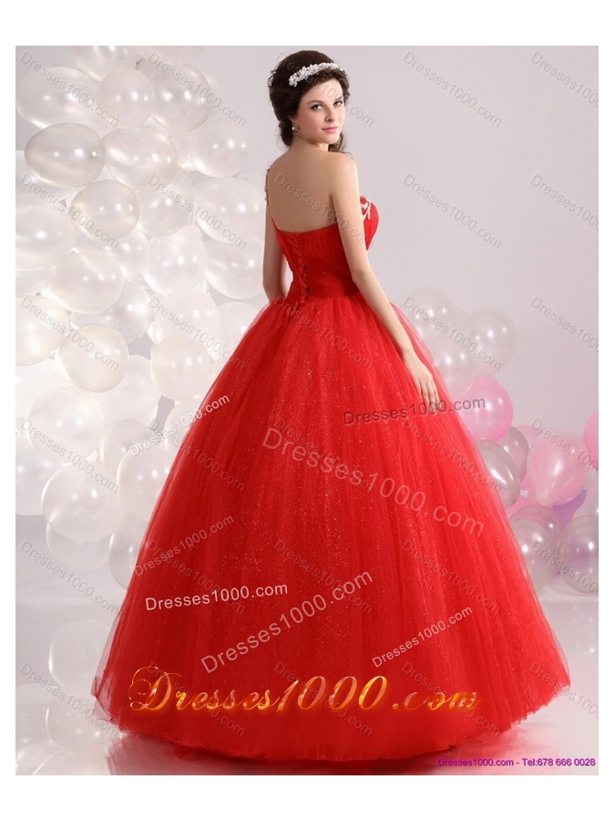2015 Perfect Red One Shoulder Sweet 15 Dresses with Rhinestones
