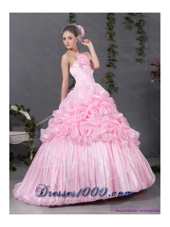2015 Popular Pink Quinceanera Gowns with Hand Made Flowers and Ruffles