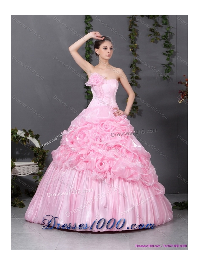 2015 Popular Pink Quinceanera Gowns with Hand Made Flowers and Ruffles
