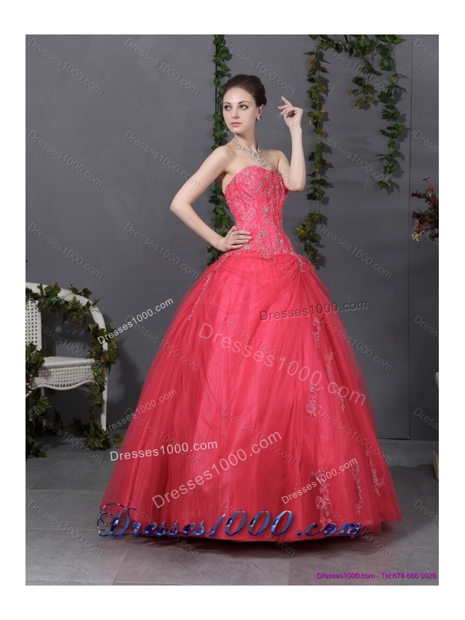 Coral Red Strapless Sweet 16 Dress with Ruching and Appliques