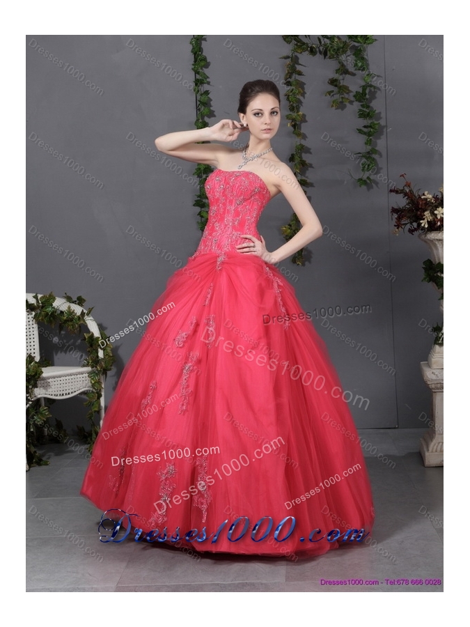 Coral Red Strapless Sweet 16 Dress with Ruching and Appliques