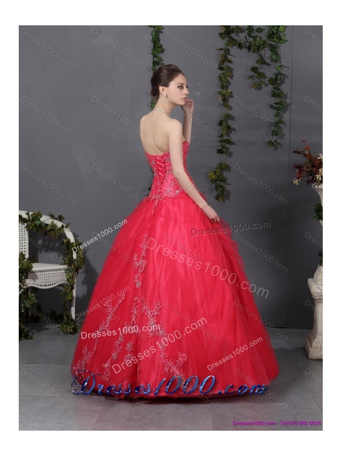 Coral Red Strapless Sweet 16 Dress with Ruching and Appliques