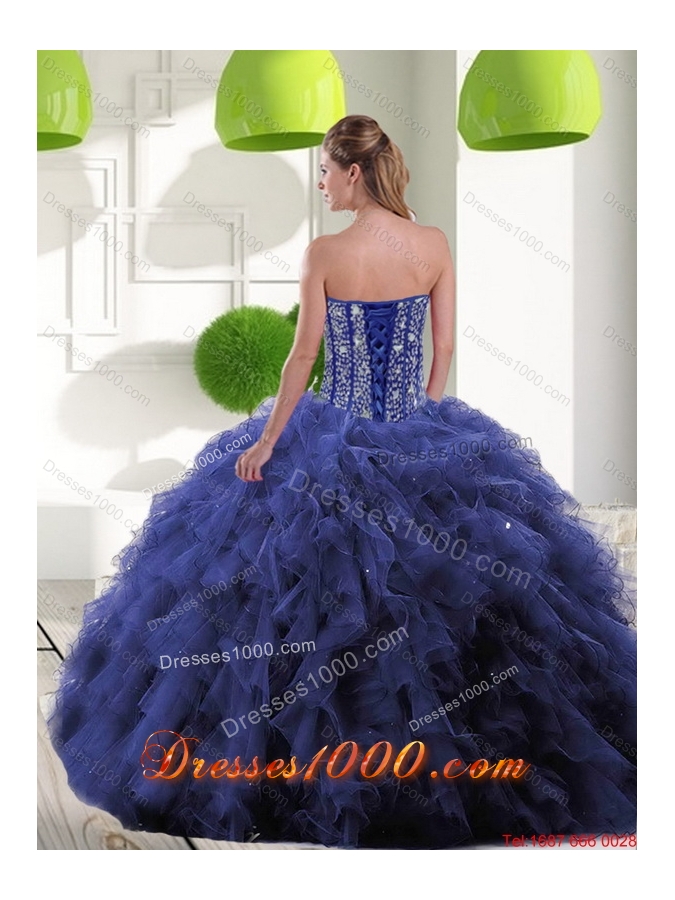 Most Popular Navy Blue Quinceanera Gown with Beading and Ruffles for 2015