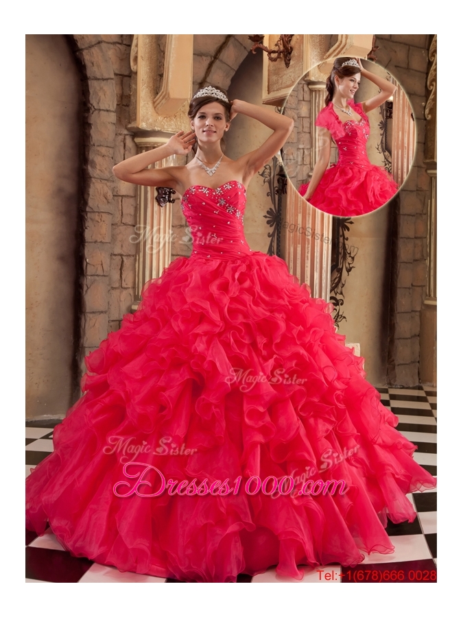 2016 Popular Coral Red Sweetheart Quinceanera Gowns with Beading