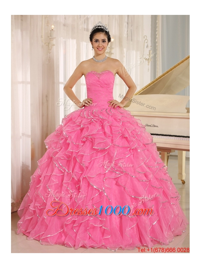 2016 Spring Popular Ruffles and Beading Quinceanera Dresses in Rose Pink