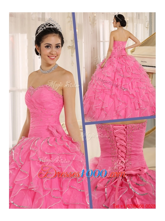 2016 Spring Popular Ruffles and Beading Quinceanera Dresses in Rose Pink
