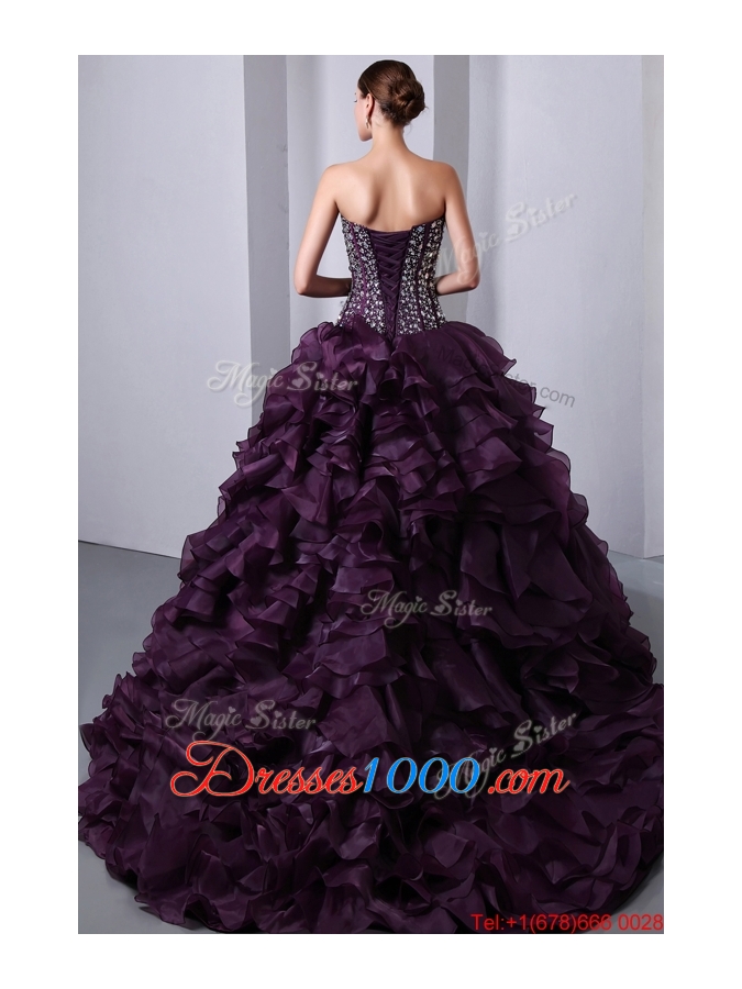 Beautiful A Line Brush Train Beading and Ruffles Quinceanea Dresses