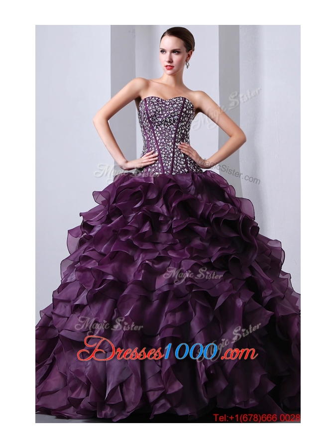 Beautiful A Line Brush Train Beading and Ruffles Quinceanea Dresses