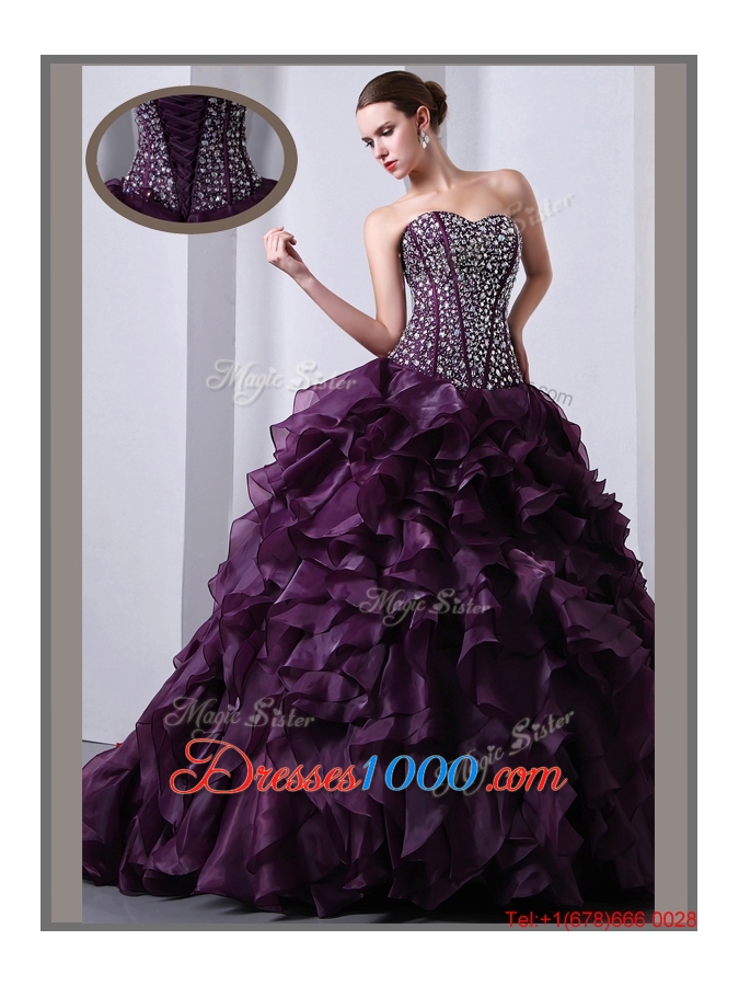 Beautiful A Line Brush Train Beading and Ruffles Quinceanea Dresses