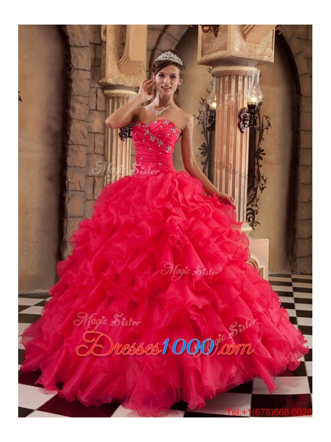 New Arrivals Coral Red Ball Gown Floor Length Ruffles Quinceanera Dresses