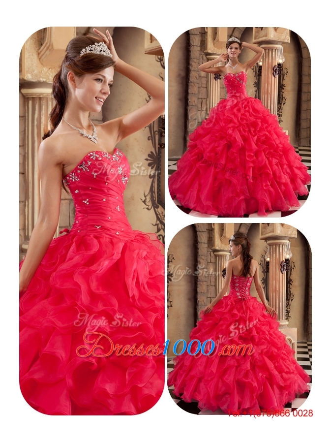 New Arrivals Coral Red Ball Gown Floor Length Ruffles Quinceanera Dresses