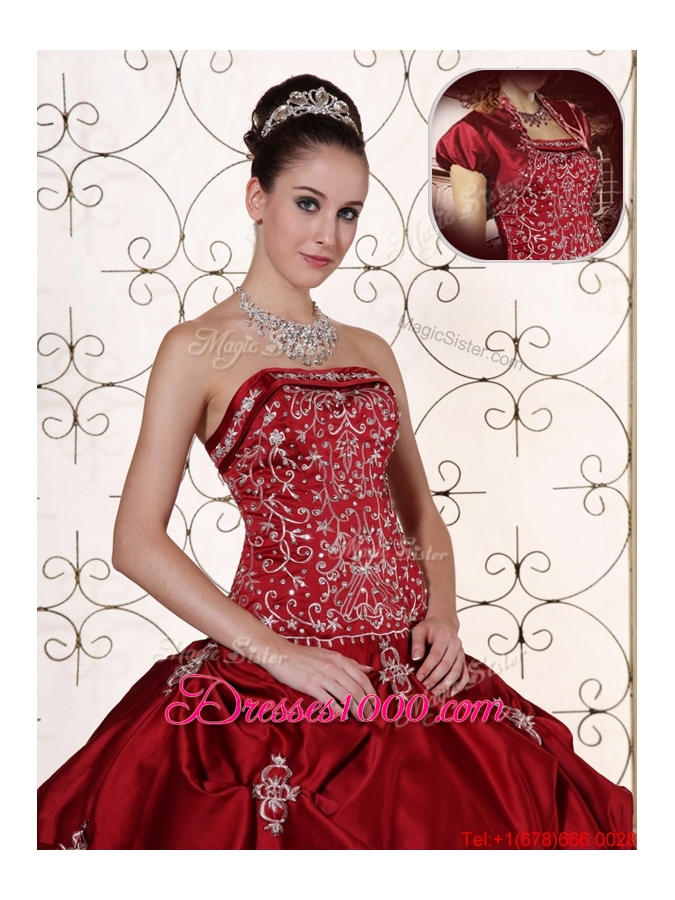 New Arrivals Embroidery Wine Red Strapless Quinceanera Dresses