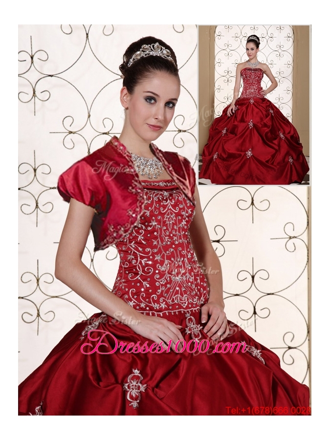 New Arrivals Embroidery Wine Red Strapless Quinceanera Dresses