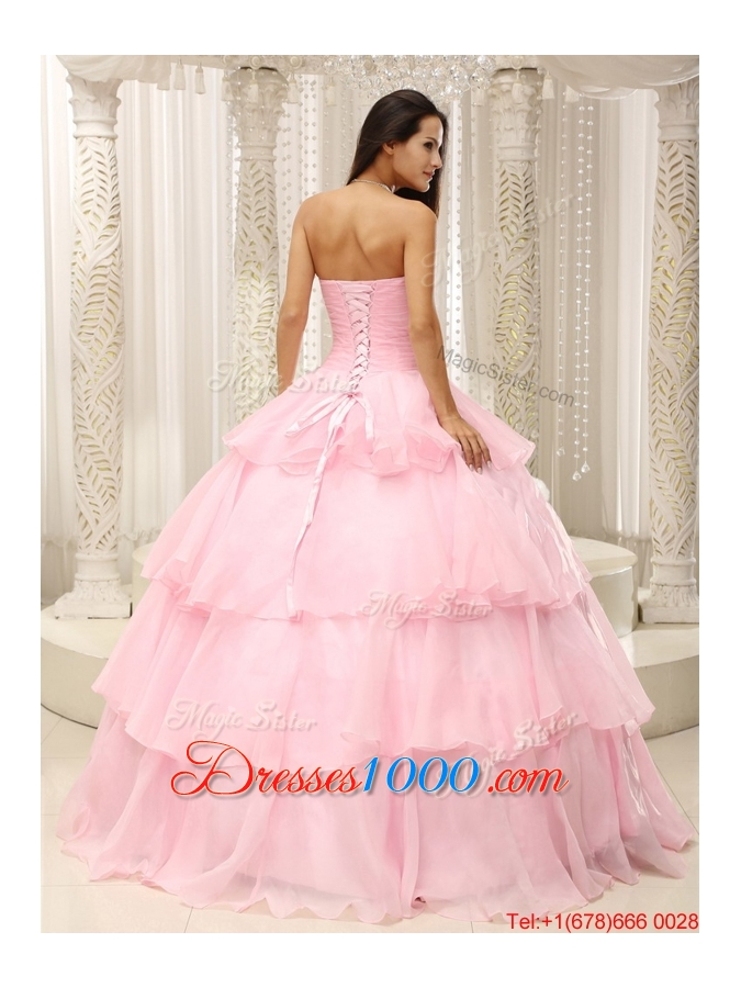 Beautiful Baby Pink Quinceanera Gowns with Beading and Ruffles