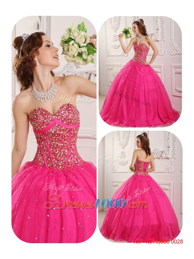 Best Selling A Line Floor Length Quinceanera Dresses in Hot Pink
