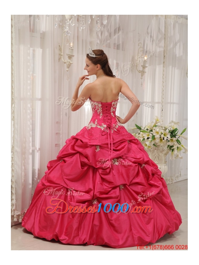 Cheap Sweetheart Appliques Quinceanera Gowns with in Coral Red