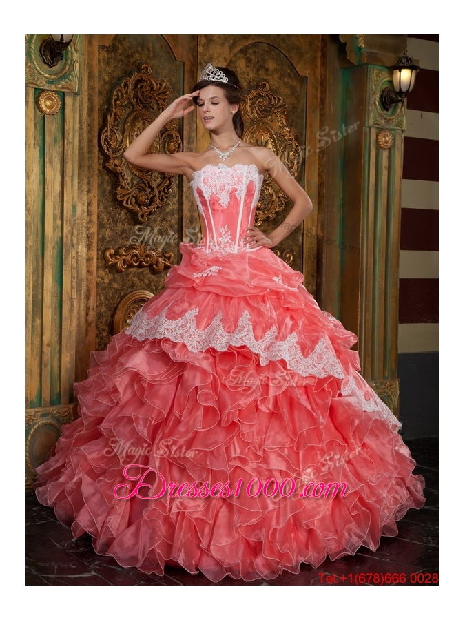 Exclusive Watermelon Quinceanera Gowns with Appliques and Ruffles