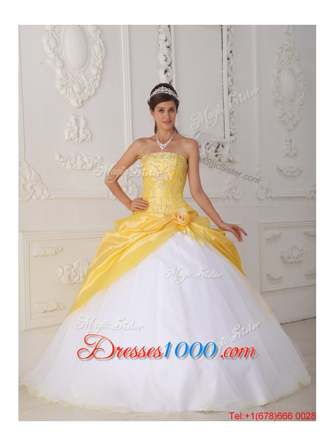 Modest Hand Made Flower Quinceanera Dresses in Yellow and White